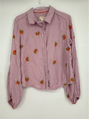 Maeve by Anthropologie Medium Pink Striped Embroidered Floral Button-Up Shirt